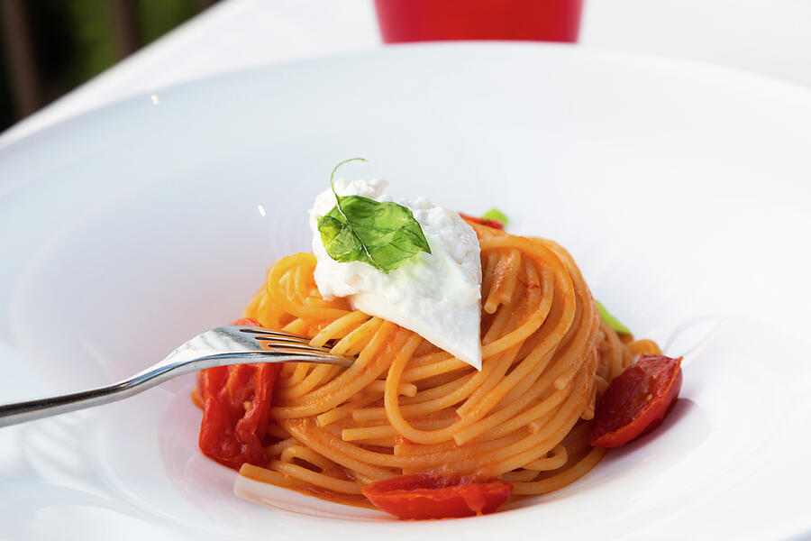 Italian pasta - spaghetti with stracciatella cheese closeup, med #2 ...