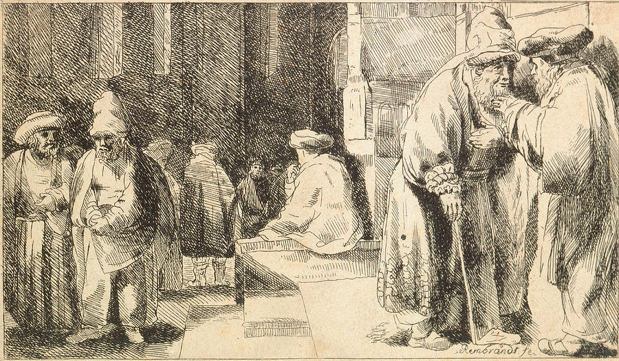 Jews in the Synagogue #3 Drawing by Rembrandt