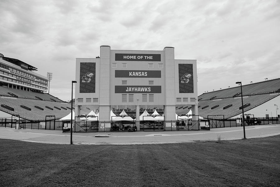 Kansas Jayhawks football stadium in black and white Photograph by Eldon McGraw
