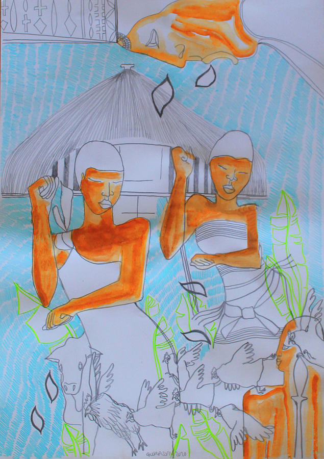 Kintu and Nambi Journey To Earth #2 Painting by Gloria Ssali