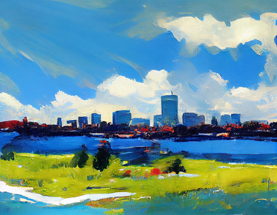 landscape  painting  of  boston  blue  skies  colorful  acry  by Asar Studios Digital Art