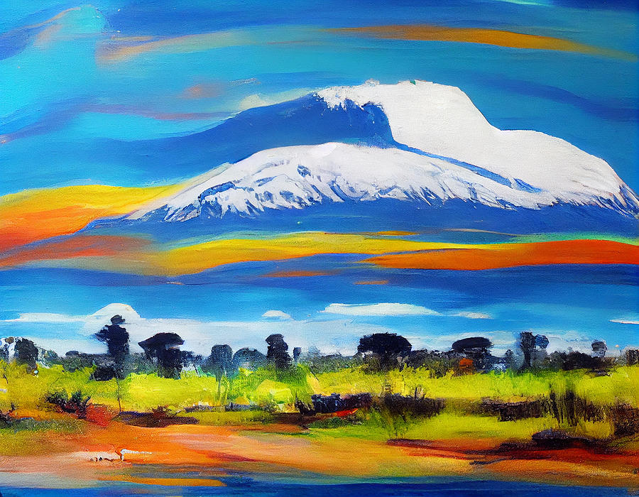 landscape  painting  of  Mount  Kilimanjaro  blue  skies  co  by Asar Studios Digital Art