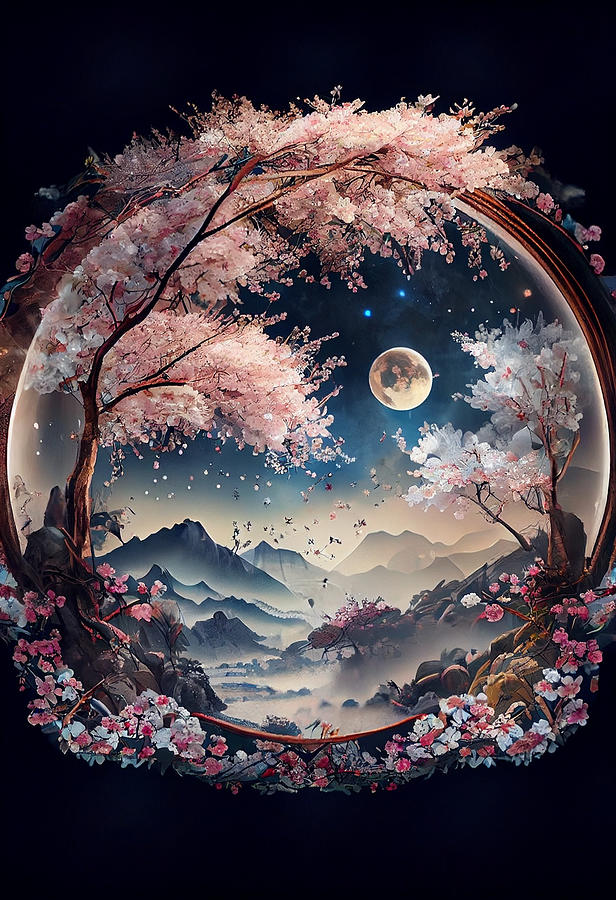 landscape  under  the  moon  a  Cherry  blossoms  roun  by Asar Studios Digital Art