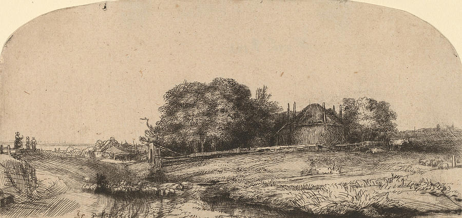 Landscape with a Hay Barn and a Flock of Sheep #4 Drawing by Rembrandt van Rijn