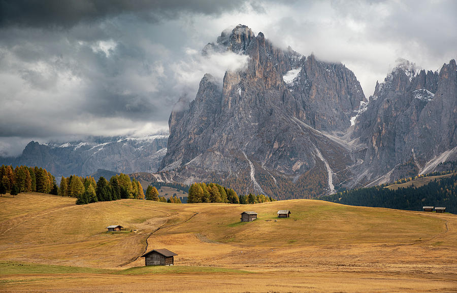 Landscape with beautiful autumn meadow field and the amazing Dolomite rocky peaks. Valley of Alpe di siusi Seiser Alm South Tyrol Italy. #2 Photograph by Michalakis Ppalis
