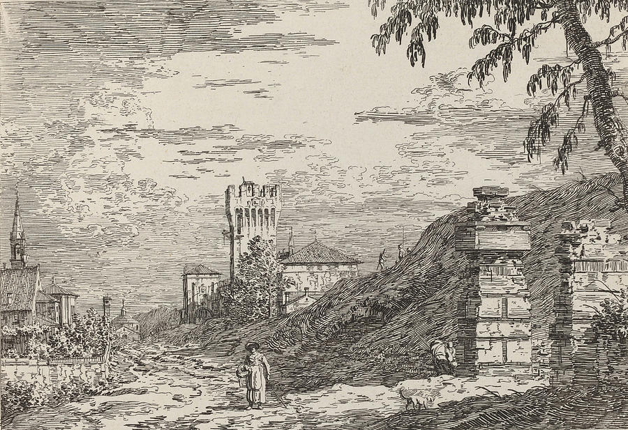 Landscape with Tower and Two Ruined Pillars #2 Drawing by Canaletto