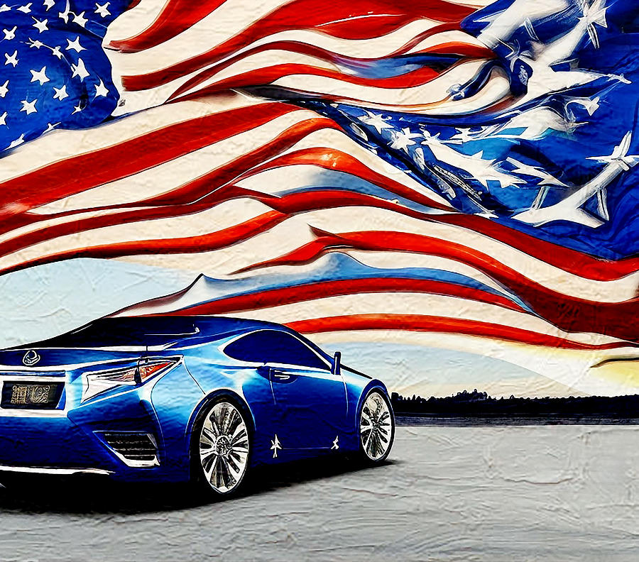 Transportation Digital Art - Lexus Lflc Lexus Concept Luxury Coup Blue Usa Flag Oil Paint Colorful Sun #2 by Edgar Dorice