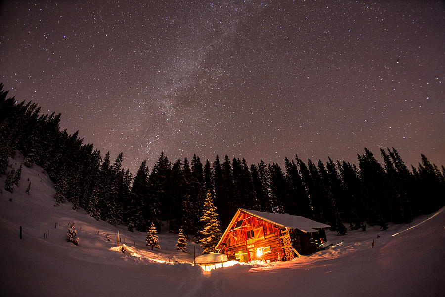 Lightened mountain hut in the austrian alps with milky way #2 Photograph by SeppFriedhuber