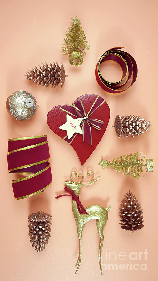 Luxury Christmas flatlay with stylish coral, red and gold gifts and decorations. #2 Photograph by Milleflore Images