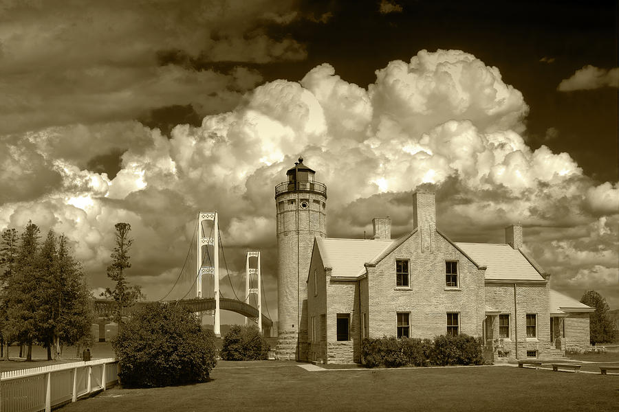 Mackinaw City Lighthouse with Mackinac Bridge in a Nautical Deco #2 Photograph by Randall Nyhof
