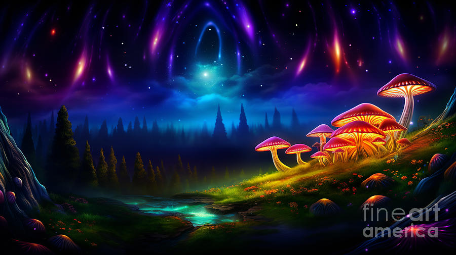 Magical fairy tale landscape with many shining mushrooms and glow of fireflies.  #2 Digital Art by Odon Czintos