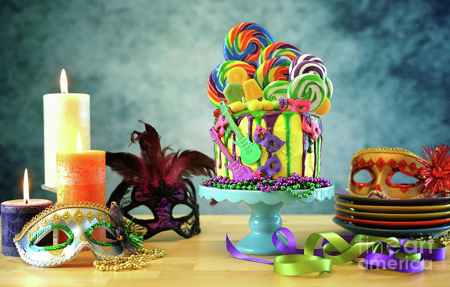 Mardi Gras theme on-trend candyland fantasy drip cake. #2 Photograph by Milleflore Images