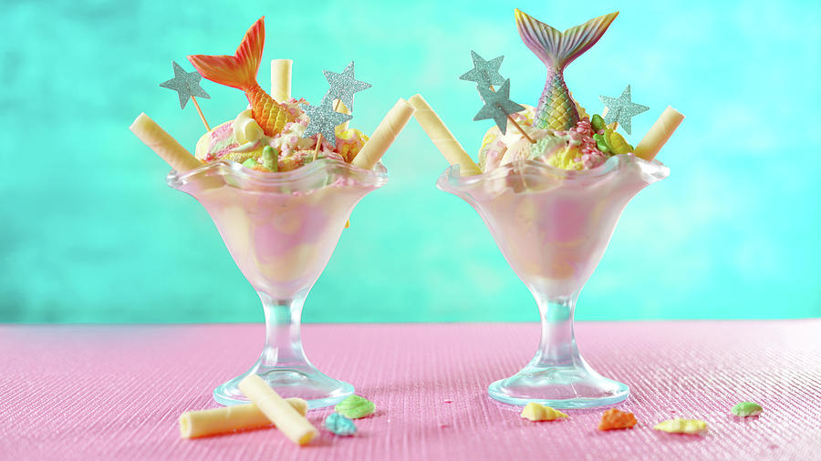Mermaid sea theme rainbow ice cream sundaes on bright colorful background. #2 Photograph by Milleflore Images