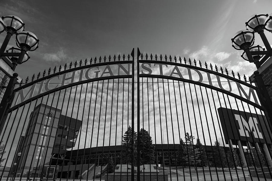 Michigan Stadium sign in black and white #2 Photograph by Eldon McGraw