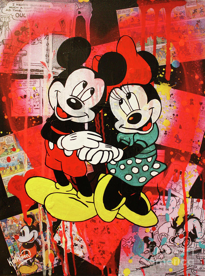 Mickey and Minnie Mouse Pink Heart #2 Painting by Kathleen Artist PRO