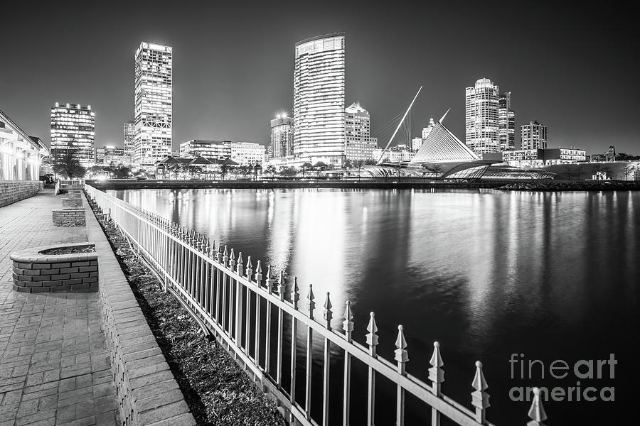 Milwaukee Skyline at Night Black and White Panorama Picture #2 Photograph by Paul Velgos