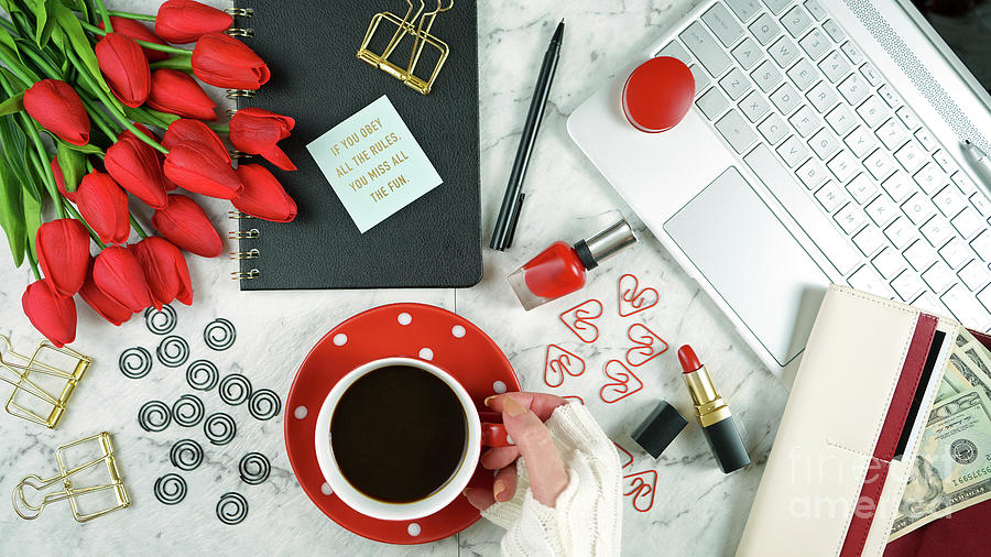 Modern stylish feminine desk or workspace coffee break. #2 Photograph by Milleflore Images