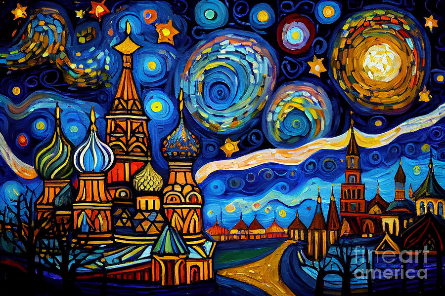 Moscow  Starry  Night  oil  painting  in  the  style  by Asar Studios #2 Digital Art by Celestial Images