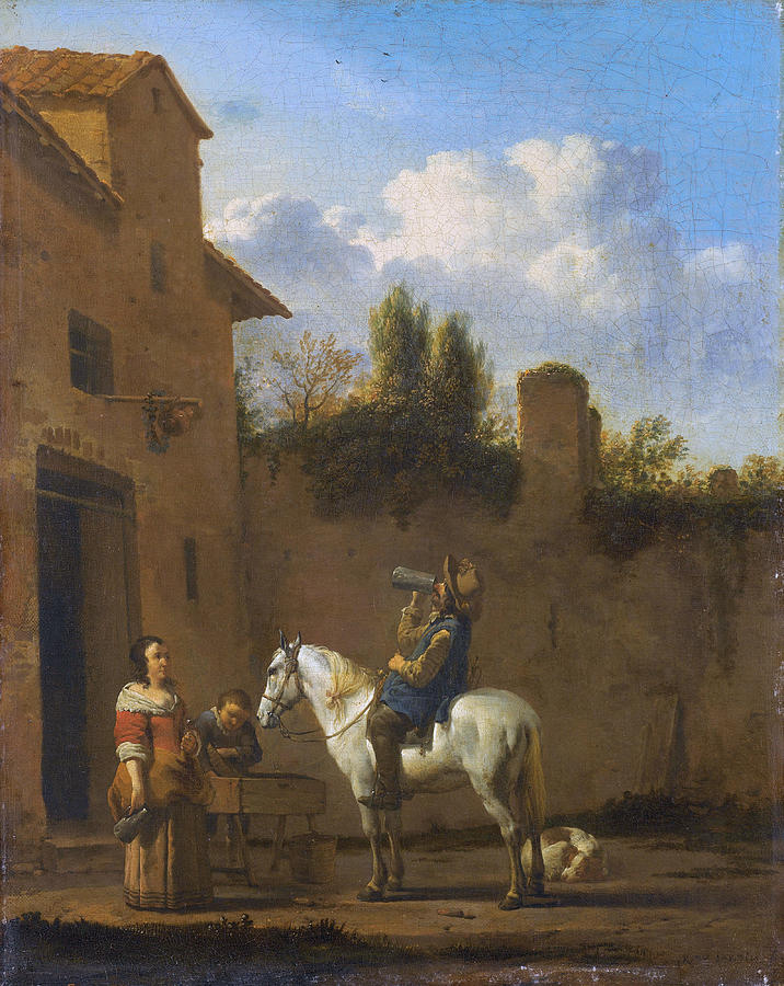 Mounted trumpeter taking a drink #3 Painting by Karel Dujardin