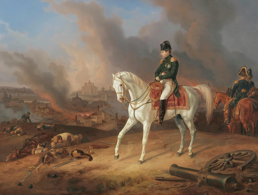 Horse Painting - Napoleon in front of the Burning Smolensk #2 by Albrecht Adam