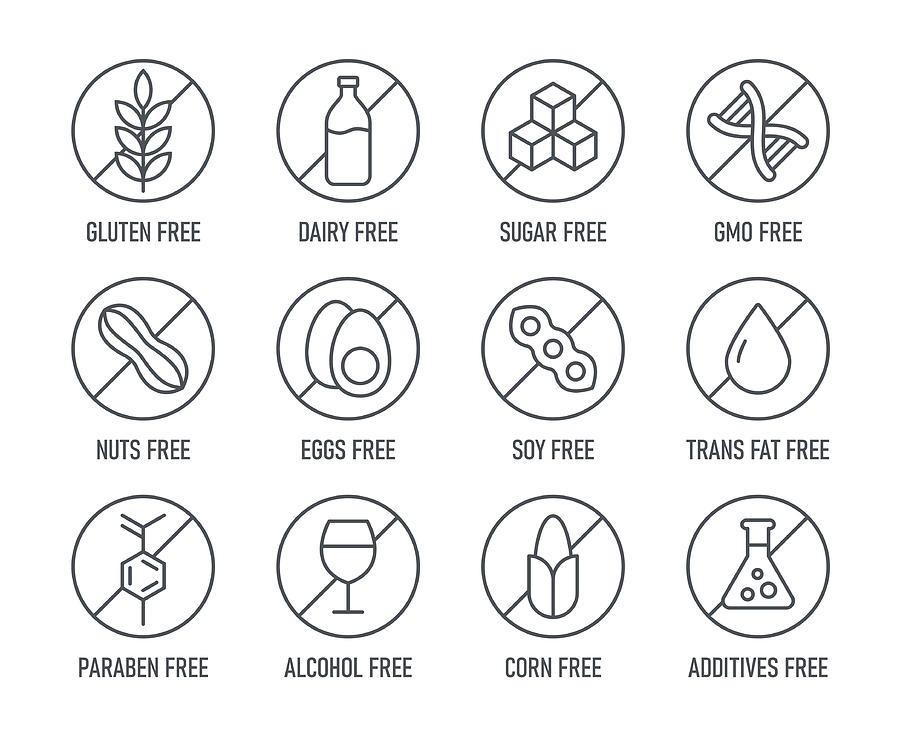 Natural Products. Allergens. Food Intolerance. Set of icons - Dairy Free, Gluten Free, Sugar Free, GMO Free, Nut Free, Paraben free. Vector illustration. #2 Drawing by PeterPencil