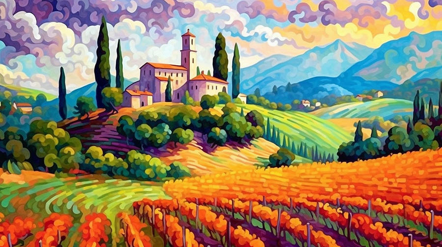 Neo      impressionism  pop  art  deco  vineyard  Italy  by Asar Studios #2 Painting by Celestial Images
