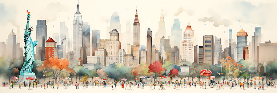 New York City Usa Skyline Cityscape Watercolor  By Asar Studios Painting