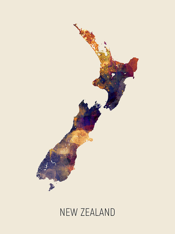 Country Map Digital Art - New Zealand Watercolor Map #2 by Michael Tompsett