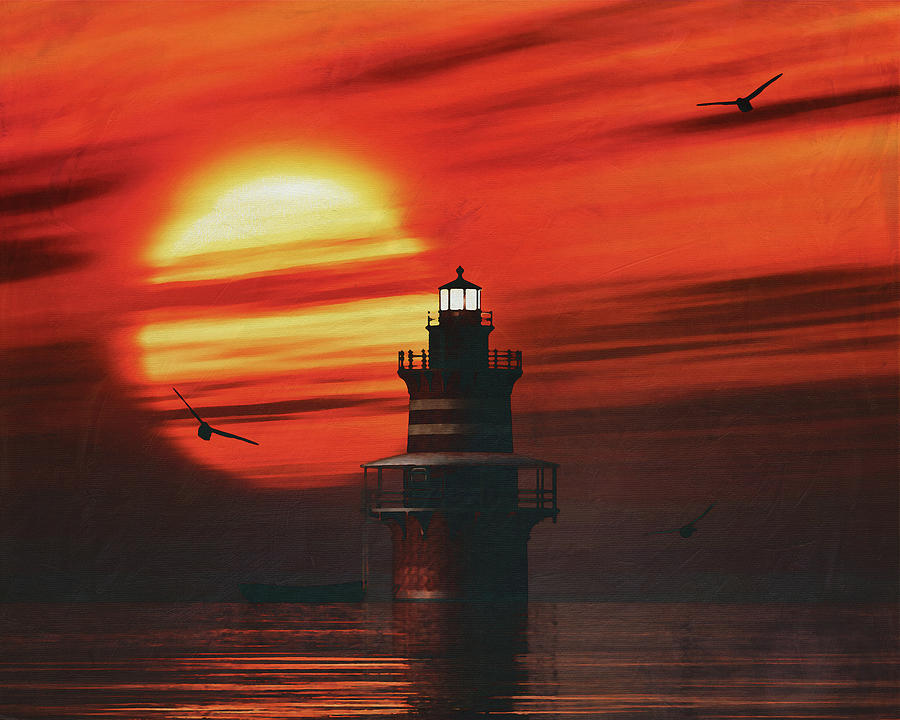 Newport Lighthouse with a sunset #2 Painting by Jan Keteleer