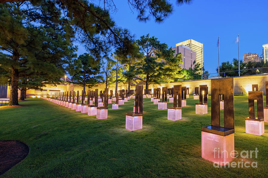 Night view of the Oklahoma City Memorial chairs Photograph by Chon Kit ...