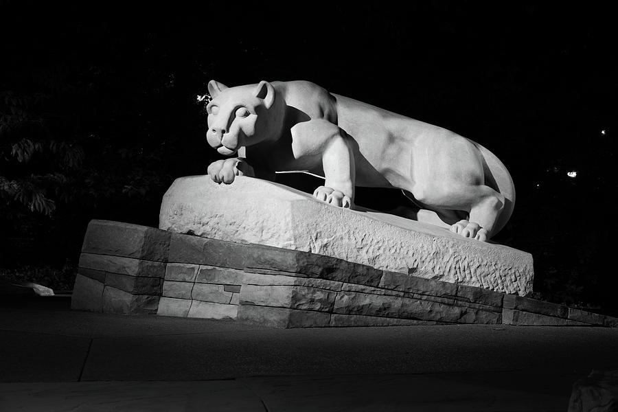 Nittany Lion Shrine at night at Penn State University in black and white #2 Photograph by Eldon McGraw