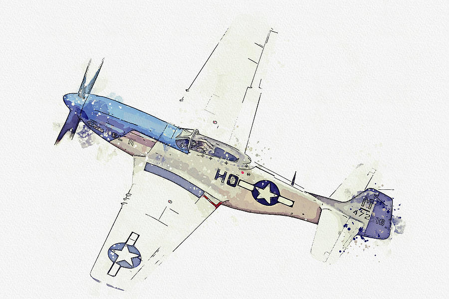North American P-D Mustang FG USAAF Frenesi Vintage Aircraft - Classic War Birds - Planes watercolor #2 Painting by Celestial Images