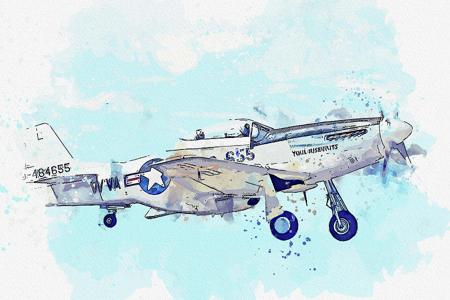 North American P-D Mustang Toulouse Nuts , Vintage Aircraft - Classic War Birds - Planes watercolor  #2 Painting by Celestial Images
