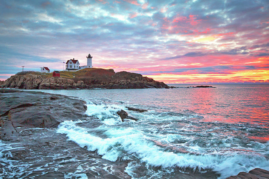 Nubble Lighthouse Colorful Sunrise #2 Photograph by Eric Gendron
