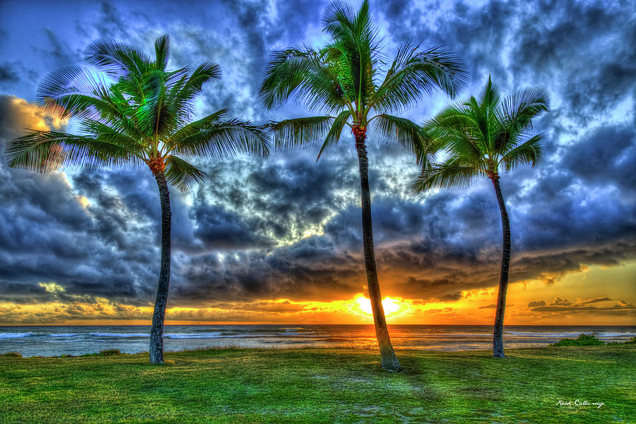 Oahu HI Pacific Ocean Sunset Palm Trees Maili Beach Park Pokai Bay Landscape Art #1 Photograph by Reid Callaway