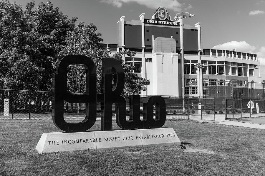 Ohio script statue at Ohio State University in black and white #2 Photograph by Eldon McGraw
