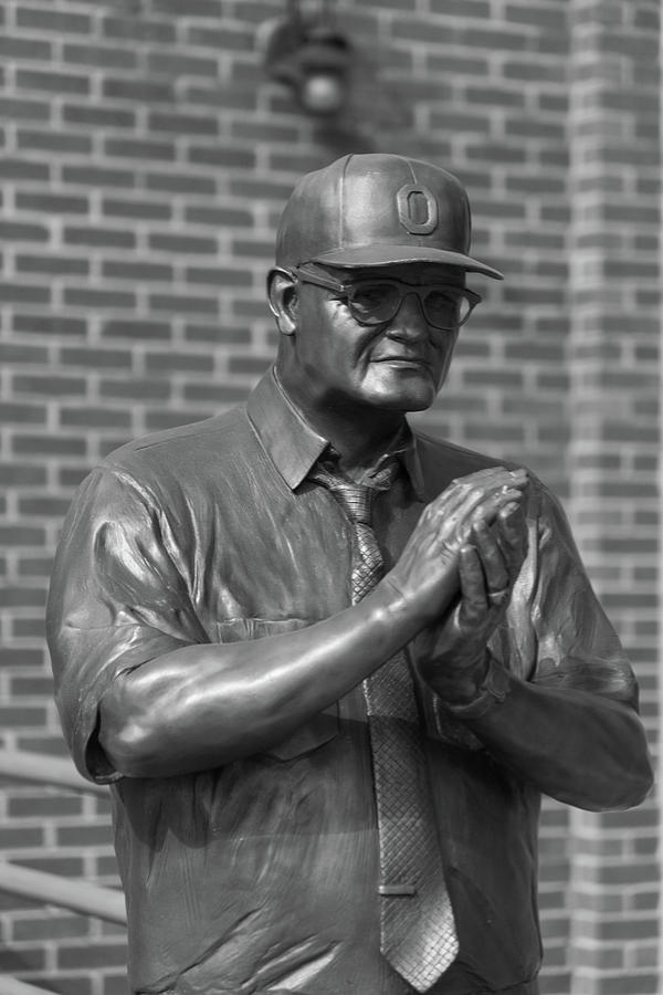Ohio State football coach Woody Hayes statue in black and white #2 Photograph by Eldon McGraw