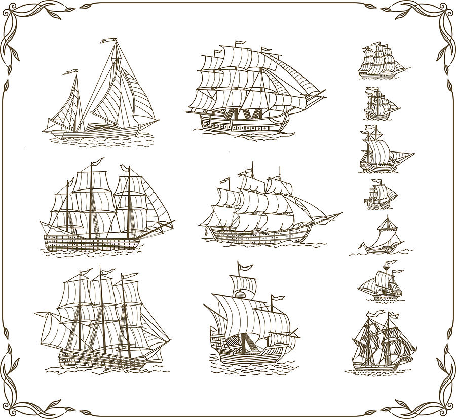 Old Sailing Ships Doodles Set #2 Drawing by Magnilion