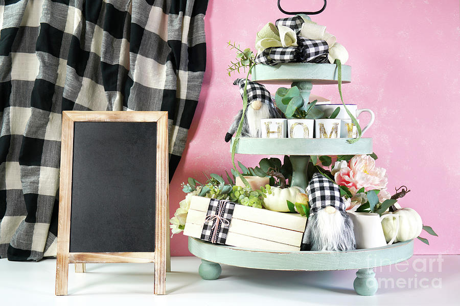 On-trend Farmhouse aesthetic three tiered tray decor. Shower