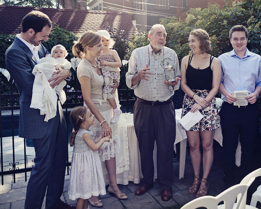 Outdoors baby baptism with family and celebrant. #2 Photograph by Martinedoucet