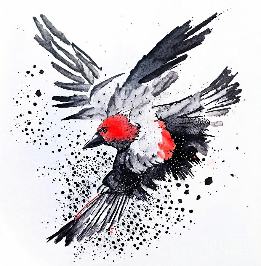 Nature Painting - Painting Red Headed Woodpecker Painting Bird Orig #2 by N Akkash