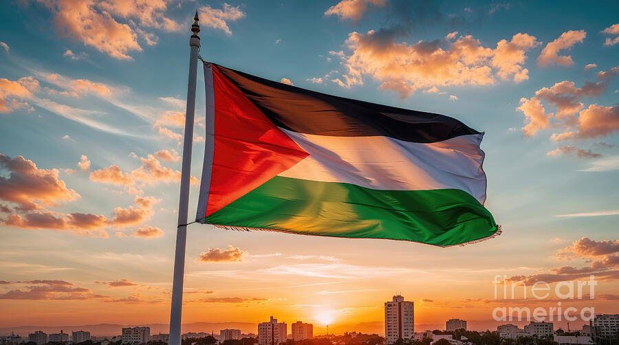 Palestinian flag waving on sunset sky over city #2 Digital Art by Benny Marty
