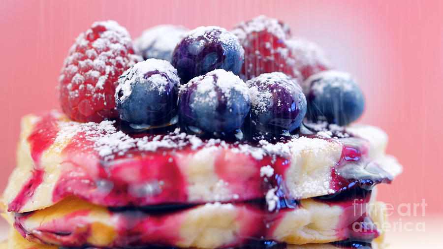 Tea Photograph - Pancakes with berries and drizzled with blueberry maple syrup, macro closeup. #2 by Milleflore Images
