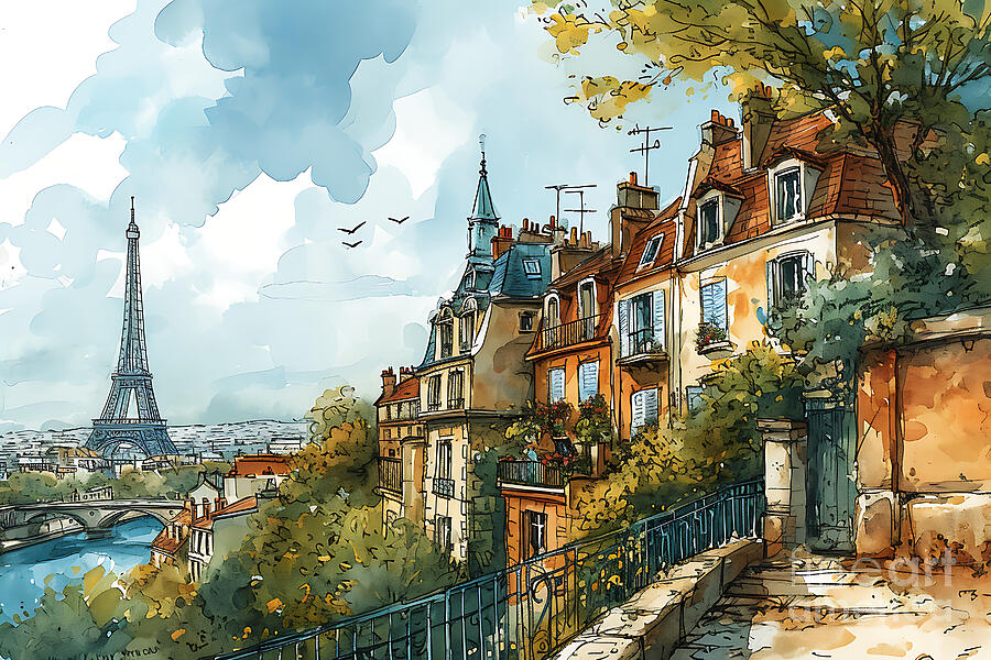 Paris Skyline Cityscape Children Storybook By Asar Studios Painting