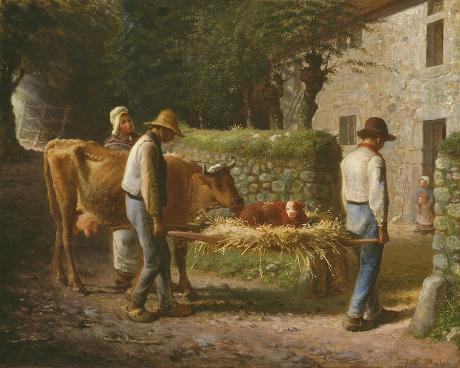 Peasants Bringing Home a Calf Born in the Fields, from 1864 Drawing by Jean-Francois Millet