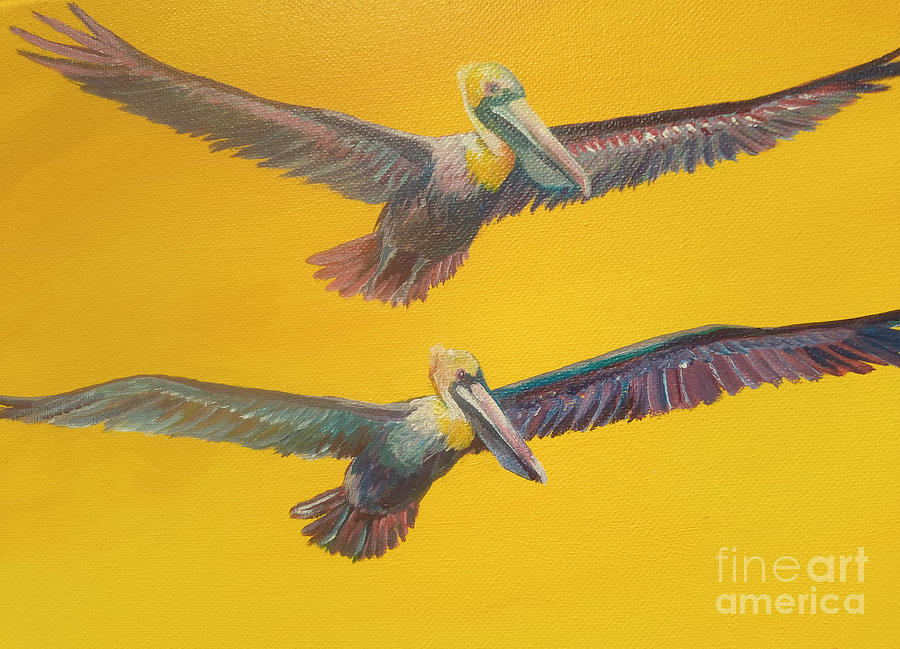 2 Pelicans in Flight by Sonya Allen Painting by Sonya Allen
