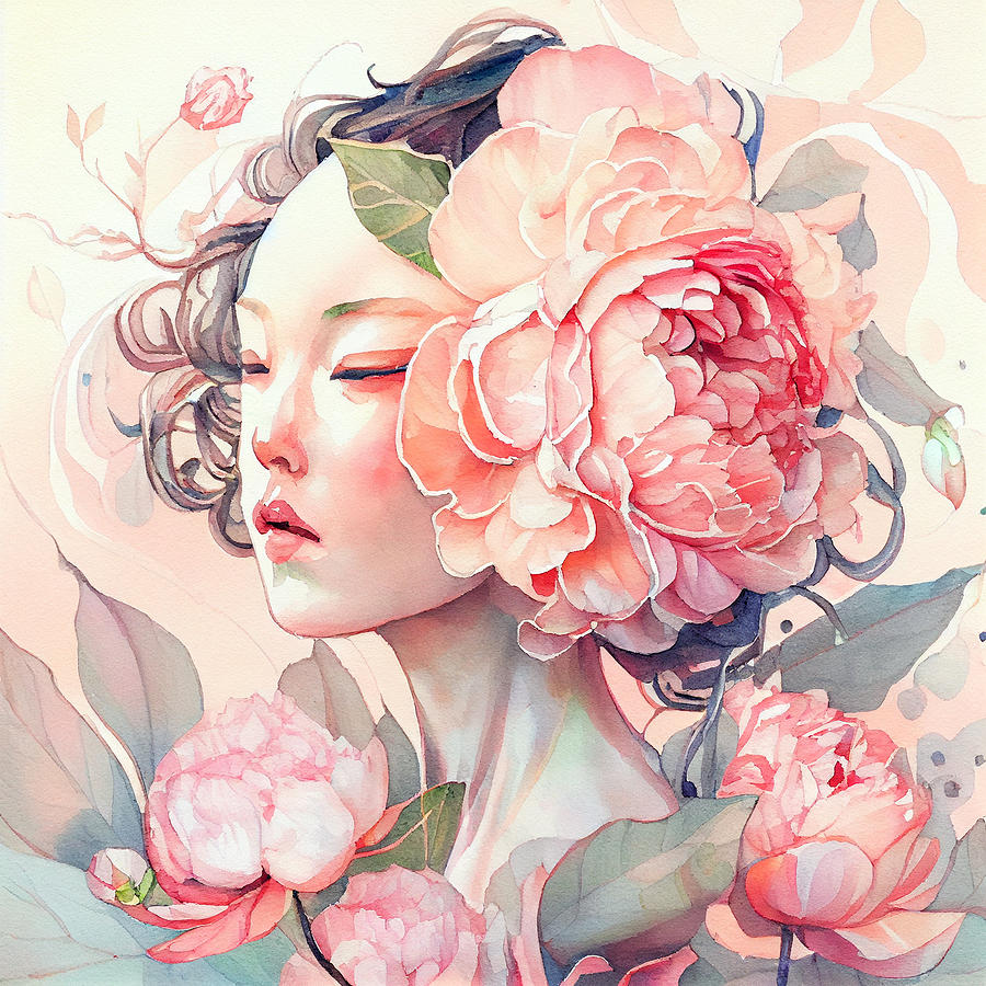 Fantasy Digital Art - Peony  camellia  inspired  by  James  Jean  Alphonse  by Asar Studios #2 by Celestial Images