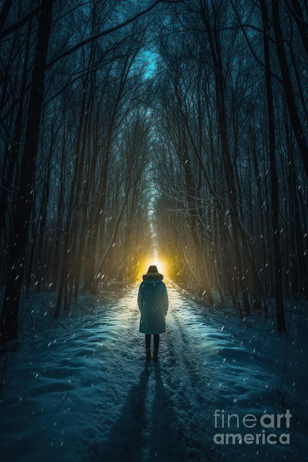 Person On An Isolated Forest Track At Night In Snow #2 Photograph by Lee Avison