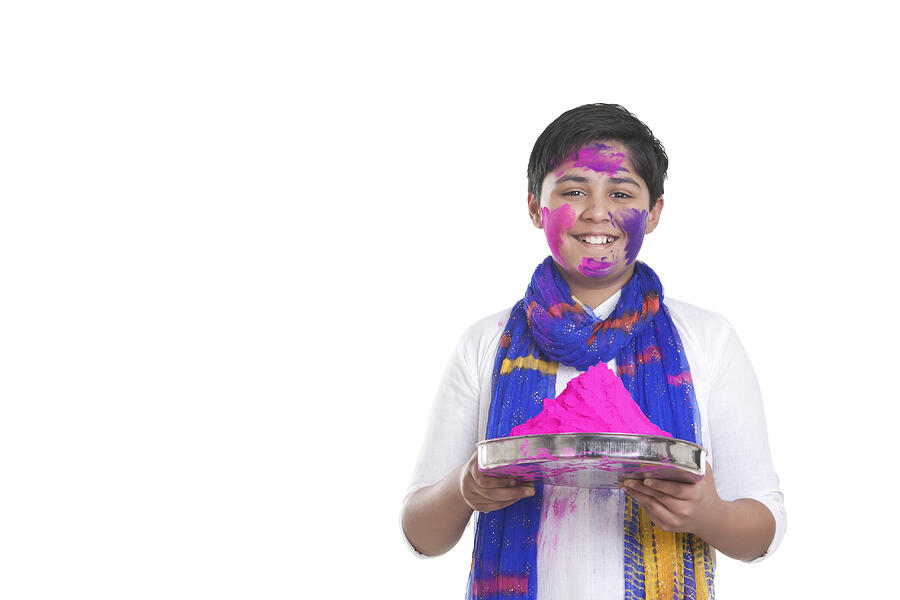 Portrait of a boy with a thali of holi colour #2 Photograph by IndiaPix/IndiaPicture