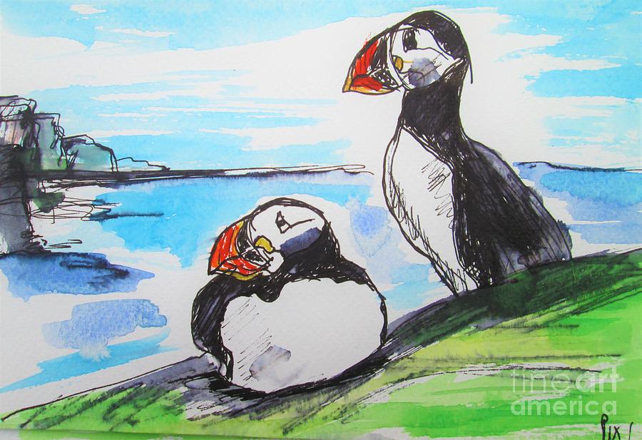 Painting Of 2 Puffins  Painting by Mary Cahalan Lee - aka PIXI